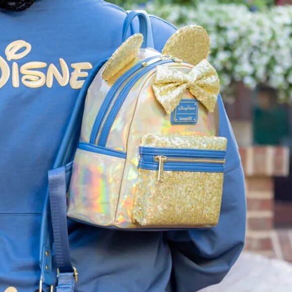 Loungefly Disney 50th Anniversary Gold Blue Earidescent Sequins Bow Backpack - Picture 16 of 16